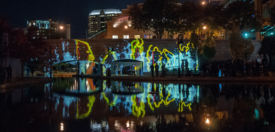 Medeology Collective: Alessandro Imperato, Jim Gladman, and Kelly McClung, Bridge of Signs, InLight 2013, photo by Terry Brown